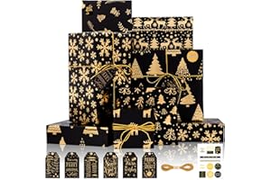 Larcenciel Papier Cadeau Noël, 6 Feuilles Emballage Cadeau Noël Noir et Or Brillant Métallisé, Papier Luxe Élan Flocons de Neige Arbre de pour Enfant, Nouvel An, Hivers, Party, 70x50 cm