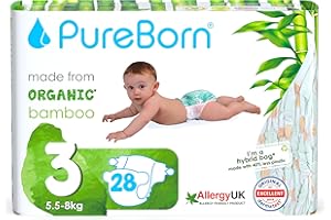 PureBorn Pannolini Eco Organici in Bambù, Taglia 3 (5,5-8 kg), 28 Unità, Ipoallergenici, Ultra Morbidi, Stampa Assortita, Ecologici, Indicatore di Umidità