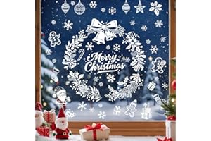 Tanlaby White Christmas Window Clings, Christmas Wreath Window Stickers Snowflake Santa Window Decals Static for Glass Doors Xmas Decoration Home Decor Party Supplies