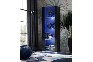 Komodee, Vitrina Tivoli, Negro, Ancho 55 cm x Alto 159 cm x Profundidad 35 cm, LED Azul, 3 estantes, para salón, Dormitorio, Pasillo