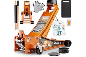 TRESKO Cric idraulico 3T altezza di sollevamento 75 – 510 mm | Cric idraulico per auto piatto con doppio pistone e ruote a 360°, sollevatore con 2 cuscinetti in gomma, tappetino protettivo, guanti e