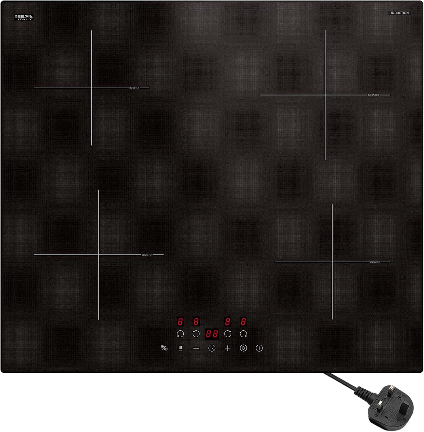 STARCHARTS Plug in Electric Induction Hob with Italian ILVA Glass, 13amp Plug and Play, Built in 4 Zone Plug in Cooktops 3000W, Boost, Pause, Keep Warm, Child Lock, Matte Black, Fine Deco Style