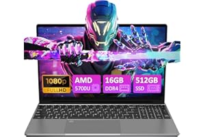 Auusda Laptop gamingowy, 16 GB DDR4 RAM 512 GB M2 PCIe NVMe SSD, procesor AMD Ryzen7 5700U CPU, notebook Full HD 15,6", klawiatura z podświetleniem, czytnik linii papilarnych, HDMI, USBC, cienki i
