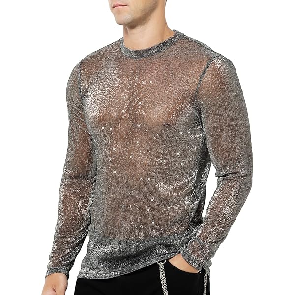 Mingnos Langarm Netzhemd Herren - Mesh T-Shirt Clubwear Festival Outfit