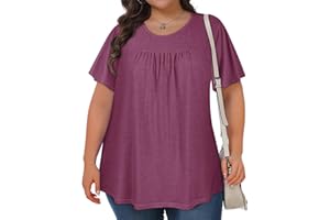 Akiooue Womens Plus Size Tops Ruffle Short Sleeve Pleated T Shirts Loose Flowy Crew Neck Tunic Blouse Shirts 1XL-5XL