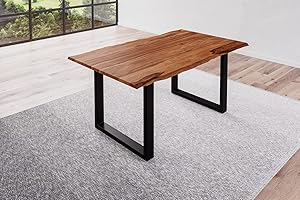 BETT11 SAM B-Ware Baumkantentisch 160x85cm Bria, Sheesham-Holz teakfarben gebeizt, Esstisch mit echter Baumkante, massiver Esszimmertisch mit U-Gestell Mattschwarz, Tischplatte 26mm