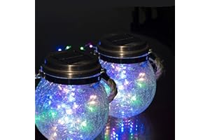 Lanterne Solaire Exterieur Jardin, ZQX 2 PCS 30 LED Boule de Lumière Solaire Craquelée Verre Lampe Suspendue Mason Jar avec Paille Eclairage IP65 Etanche Pour Pelouse, Fête, Cour, Mariage(Multicolore)