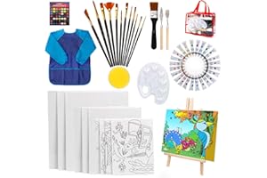 HOTOOLME 55 Stück Leinwand zum bemalen Set mit Acrylfarben set, mit Staffelei Holz Leinwände für acrylfarben Set Pinsel Palette und Aufbewahrungstasche Acrylmalerei Starterset für Jungen und Mädchen