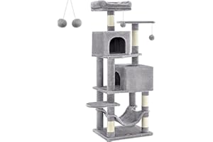 Feandrea Albero per Gatti Alto 155 cm, Tiragraffi per Gatti con 5 Pali Graffiatoi, 2 Posatoi, 2 Grotte, Amaca, 2 Pompon, in Peluche a Più Livelli, Grigio Chiaro PCT192W01