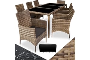 TecTake Garden Furniture Set, Outdoor and Indoor Dining Table set with 8 Chairs, 1 Rectangular Dining Table, Polyrattan Patio Seating with Removable Cushions and Weather Cover - nature