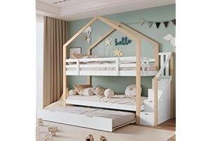 ‎DOLAMANÍ Dolamaní Etagenbett 90x200cm mit Ausziehbares Baumhausbett, Hochbett mit Schiebebett, Treppe mit 4 Schubladen, Kinderbett mit Absturzsicherung und Kinderbettgitter, mit Lattenroste (B+ ausziehbett)