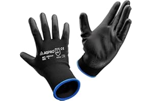 Aspro black nylon PU coated work gloves for builders, gardeners etc., black, .