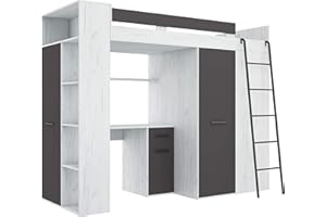 FurnitureByJDM High Sleeper Bed with Desk, Wardrobe and Bookcase - VERANA R - (Craft White/Graphite)