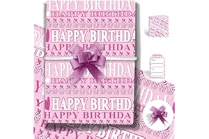 ZALIOAN Birthday Wrapping Paper，4 Pink Gift Wrapping Paper Floded 85 * 60cm with 4 Bows,2 Cards,4 Tags，Gift Wrap Pack for Kids,Baby,Female,Male on Birthday