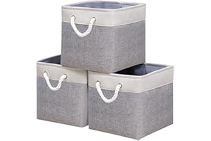 Yawinhe Juego de 3 Cestas de Almacenaje Plegables, Caja de Almacenamiento de Tela, para Estantes, Armarios, 28x28x28cm, Blanco/Gris, SNK004WGS-
