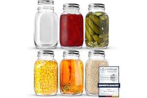 volila Mason Jar - Confezione da 6 Barattoli in Vetro da 1L per Barattoli Vetro Conserve, Vasetti Vetro Piccoli - Coperchi Regolari per Barattoli Mason, Etichette, Penna e Spugna Inclusi