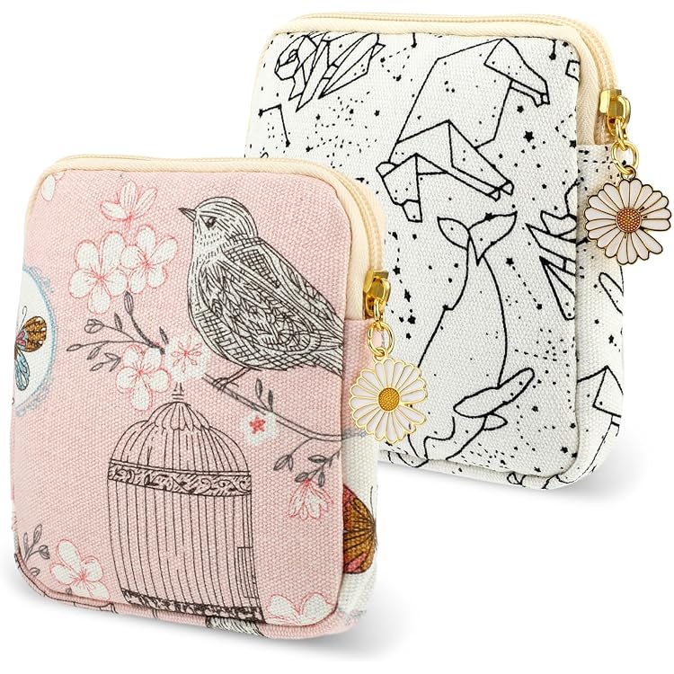 TIESOME - Lot De 2 Pochettes Discrètes Pour Serviettes Hygiéniques - Coton Doux - Motif Marguerites - Idéal Pour Sac à Main Ou Trousse