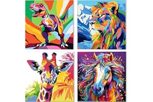 NAIMOER Framed 4Pack Paint by Numbers for Kids Animals, Painting by Numbers for Kids Ages 8-12, DIY Acrylic Oil Painting Children for Gifts Home Decor 20x20cm (Dinosaur, Horse, Giraffe, Tiger)