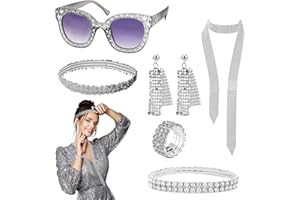 GD HUA Lot de 6 accessoires disco pour femme - Costume des années 80 - Costume disco à paillettes - Bandeau à paillettes - Boucles d'oreilles - Collier - Bracelet - Bague pour carnaval, fête, bal de