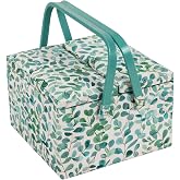 Hobby Gift Large Sewing Box with Double Lid and Handle, Cotton Basket with Tool Compartments, 25 x 25 x 17 cm, Eucalyptus