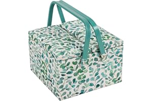 Hobby Gift Exclusif Grande boîte de rangement à double couvercle pour couture, passe-temps, plateau pour accessoires, poches pour coussin à épingles, poignées en PVC, 25 x 25 x 17 cm, Eucalyptus