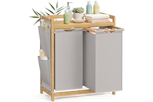 SONGMICS 2-komorowy kosz na pranie z bambusa, 100 l, sorter na pranie, z półką, torbą na pranie, małymi kieszeniami bocznymi, wieszakiem na ubrania, 63 x 33 x 78 cm, kolor dymnoszary RLH100G02
