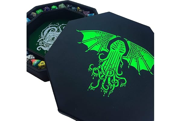 Fantasydice-Cthulhu tome-grön – tärningsbricka – 20 cm oktagon med lock och tärningsområden – rymmer 5 uppsättningar (7 tärningar/standard) för alla bords-RPG som D&D, Call of Cthulhu, Shadowrun.