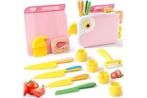 Yeeammk 13PCS Toddler Knife Set with Playful Bird Organizer, Montessori Real Cooking Tools for Kids with Safe PP Material for Educational Fun (Pink)