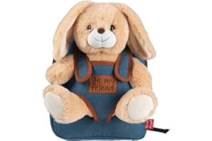 PERLETTI Sac à Dos Peluche Lapin pour Enfant 3 4 5 Ans - Cartable Jeans Mignon et Doudou Animal Lapinou pour École Maternelle - Sacoche Doux pour Petit Fille Garçon - 21x27x9cm (Lapin)