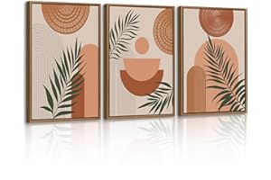 FAJERMINART 3 Pcs Boho Terracotta Géométrique Lignes Impression Sur Toile Avec Cadre Nordique Esthétique Plantes Feuille Tableau Decoration Murale Affiche Peintures Decoration Chambre Maison Bureau 30x40cmx3 Pcs
