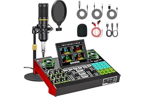 TENLAMP Podcast Microphone Bundle with Live Sound Card Audio Mixer, Podcast Equipment Bundle with 3.5mm Condenser Microphone for Pc/Phone Live Streaming Singing Gaming, Sound Board with Voice Changer, Denoise
