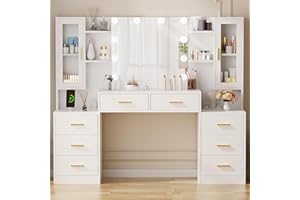 ANWBROAD Toletta Trucco con Luci illuminazione LED Regolabile a 3 Colori e Prese Moderna Postazione Trucco Bianca con Specchio 8 Cassetti 2 Armadietti Toletta Grande 150x135x40cm BDT67W