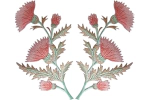 ELLU Pair of Peach Pink Thistle Flower Patches Iron Sew On Flowers Floral Patch Badge