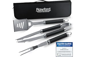 Rawford Grillbesteck Set - 3-teiliges Grill Set aus Edelstahl - rutschfest - Grillkoffer mit Grillzange, Fleischgabel & Wender inkl. Flaschenöffner - Grillset für Männer Geschenk