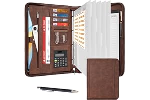 Leathario Carpeta de Conferencias Organizadora Personal de Viaje Portafolio de A4 Documentos con Cierre de Cremallera con Panel de Escritura Calculadora Solar