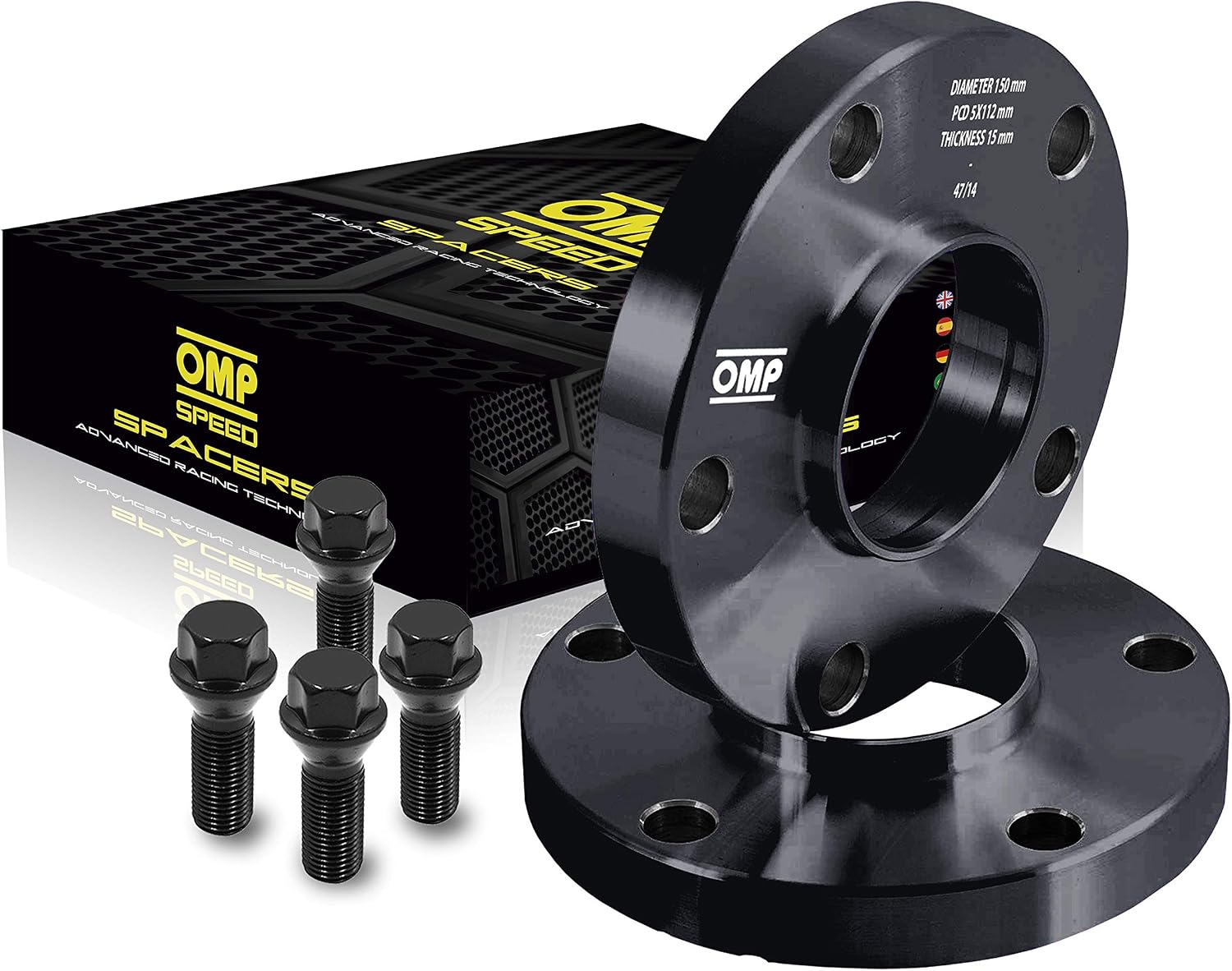 OMP Speed Juego de 2 Separadores Doble Centrado Grosor: 15mm PCD: 5x108 CB: 63.4 OD: 139 Esparragos x10 M12x1.5 Negro Aluminio - OMPS08521501