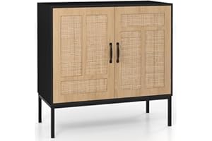 ‎COSTWAY COSTWAY Sideboard mit 2 Rattantüren, Boho Küchenschrank aus Holz, Buffetschrank mit 3-Fach verstellbarem Regal & Metallbeinen, Kommode für Küche, Esszimmer, Wohnzimmer, 80 x 38 x 81 cm (Schwarz)