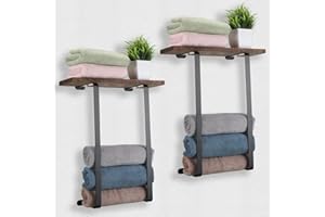 Qunclay 2 Pcs Towel Rack with Wooden Shelf, Metal Bathroom Towel Holder, Wall Mounted Towels Organizer for Hand Towels, Large Roll Towel, Washcloths, 15.7 x 4.9''