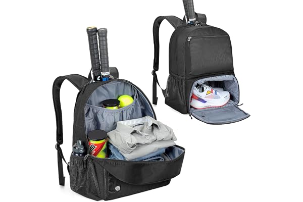 DSLEAF Sac de Tennis Peut Contenir 2 Raquettes, Sac à Dos avec Compartiment à Chaussures Ventilé Séparé pour Les Sports de Tennis/Pickleball/Badminton/Squash (Version Améliorée)