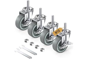 HOLKIE Möbelhjul 75 mm med bromsar – grå M10 x 1,5 x 30 mm set med 4 svängbara hjul med gängskaft, tunga lasthjul som kan lås