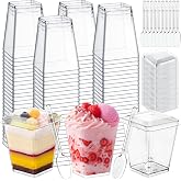 Frogetu 50 Dessert Cups with Spoons, 5OZ/160ML Square Plastic Dessert Cups, Reusable Dessert Cups with Lid, Transparent for M