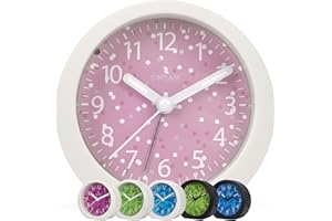 ‎SIMSAM Wecker Kinder Mädchen, Kinderwecker Mädchen Ohne Ticken für Schulanfänger, Einschulung Kinder Wecker für Junge, Schulkind Lernwecker Analog mit 24 Melodien, Batterie, Snooze (Weiß-Rosa-Punkte)