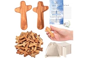 Wenqik 100 Sets Small Olive Wood Hand Crosses 2.5 Inch Pocket Holding Hand Crosses Bulk with Cotton Linen Bags and Prayer Cards Relieve Anxiety Comfort for Prayer Christian Gift Church