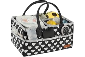 WHATWEARS Baby Windel Caddy Organizer, Dunkel Grau Windel Korb Organizer, Tragbare Filz Windel Organizer mit 3-Compartment, Wechselbaren Fächer und 8 Taschen(Herzmuster)