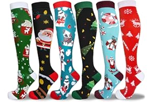 LEOSTEP 6 Pairs Novelty Christmas Compression Socks 20-30 mmHg for Men Women Gift, Varicose Veins Socks for Nurse, Pregnancy, Sports,Creative Christmas Socks Gift