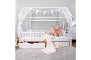 Alcube® Lit Maison 80x160 cm avec tiroirs et Matelas - pour Les Enfants de 3 à 9 Ans - Lit pour Enfants en Bois Massif 160x80 avec barrière de Protection Contre Les Chutes, sommier à Lattes - Blanc