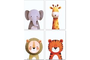 PACKLIST® Decorazione Camera Neonato - Poster per Bambini Animali Savana e Giungla: Leone, Elefante, Scimmia e Giraffa - Stampe A4 (21x30 cm) e 250 gr. Senza Cornice per Bambini e Bambine