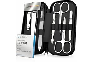 marQus - Set manicura hombre y mujer con 7 piezas en acero pulido fabricado en Alemania - Ganador de comparativa (mejor relación calidad-precio) - Incluye estuche de cuero auténtico