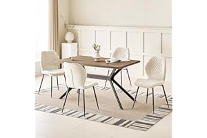 JIJIAN Set Sala da Pranzo con Tavolo da Pranzo in Legno Marrone Scuro e 4 Sedie Beige, Tavolo da Pranzo Rettangolare di 140x80x76 cm con 4 Sedie da Pranzo in Lino a Design Ergonomico
