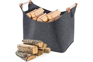 Coikes Filz Brennholzkorb mit Holzgriffen 45x32x40cm Faltbare Kaminholztasche Indoor Outdoor Kamin Holztasche Holzscheithalter Mehrzweck-Filztüten für Holz, Zeitung, Zeitschriften, Spielzeug, Kleidung